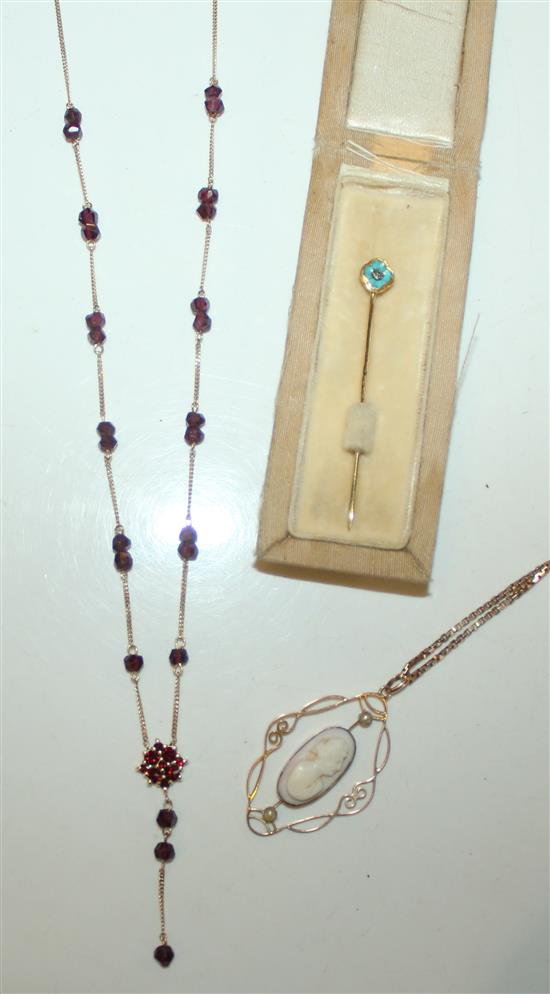 Victorian diamond set stock pin, cameo neckace and another necklace